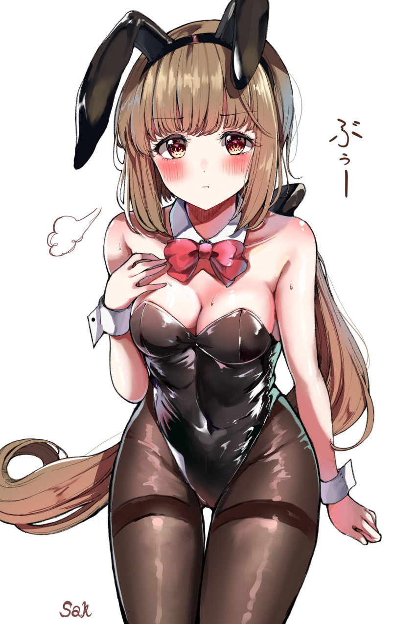 1girl animal_ears artist_name black_bow black_legwear black_leotard blush bow bowtie breasts brown_eyes brown_hair bunny_ears bunnysuit cleavage covered_navel detached_collar eyebrows_visible_through_hair hair_bow highres idolmaster idolmaster_cinderella_girls invisible_chair leotard long_hair looking_at_viewer low_ponytail medium_breasts pantyhose pout red_neckwear sak_(lemondisk) simple_background sitting solo strapless strapless_leotard sweat thigh_gap thighband_pantyhose very_long_hair white_background wrist_cuffs yorita_yoshino