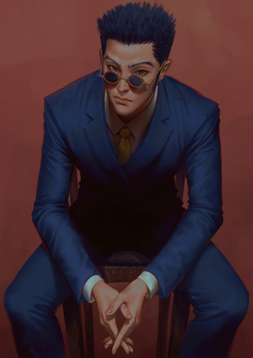 1boy absurdres ahen_joo black_hair blue_pants blue_suit brown_eyes chair glasses hands_together highres hunter_x_hunter indoors leorio_paladiknight long_sleeves looking_at_viewer necktie pants realistic shirt simple_background sitting solo spiked_hair white_shirt yellow_neckwear