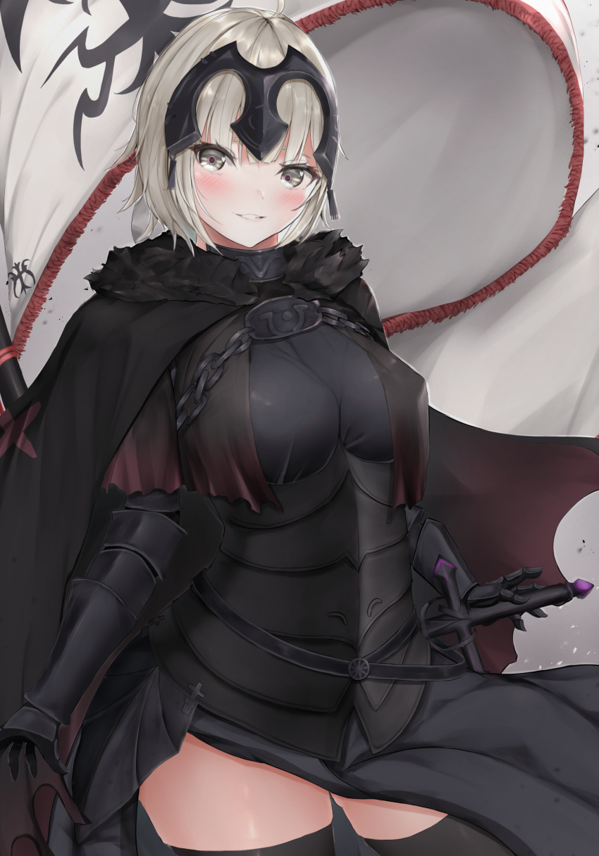 absurdres ahoge armor armored_dress bangs black_dress breasts cape chains commentary_request dress fate/grand_order fate_(series) flag fur_collar fur_trim gauntlets headpiece highres jeanne_d'arc_(alter)_(fate) jeanne_d'arc_(fate)_(all) large_breasts short_hair silver_hair sword thighhighs tsurime user_yexh7882 weapon yellow_eyes
