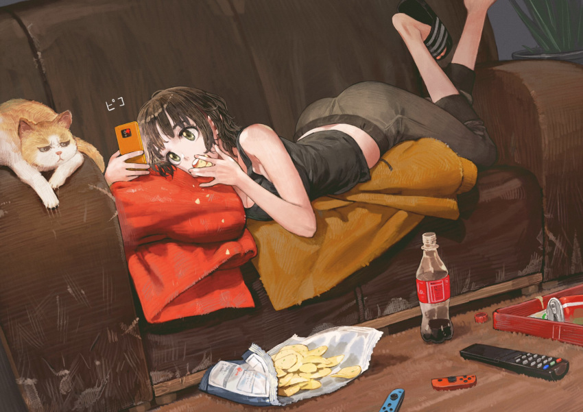1girl bag_of_chips bangs bare_arms bare_shoulders black_hair blanket blunt_bangs bottle breasts brown_pants can cat cellphone chips cleavage coke controller couch eating feet_up flip-flops food full_body green_eyes highres holding holding_cellphone holding_phone joy-con jun_(seojh1029) looking_at_phone medium_breasts on_couch open_mouth original pants phone plant potted_plant remote_control round_teeth sandals short_hair smartphone soda_bottle soda_can solo tank_top tareme teeth track_pants translation_request tray upper_teeth