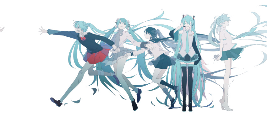 absurdres aqua_eyes aqua_hair bandaid bangs bow bowtie cameo commentary_request eyes_closed hair_over_eyes hatsune_miku heart highres long_hair megurine_luka miniskirt necktie pink_hair reaching_out rolling_girl_(vocaloid) running sailor_collar school_uniform sidelocks simple_background skirt smile tears thighhighs twintails unhappy_refrain_(vocaloid) unknown_mother_goose_(vocaloid) ura-omote_lovers_(vocaloid) very_long_hair vocaloid white_background world's_end_dancehall_(vocaloid) wowaka zero_(jckz2334)