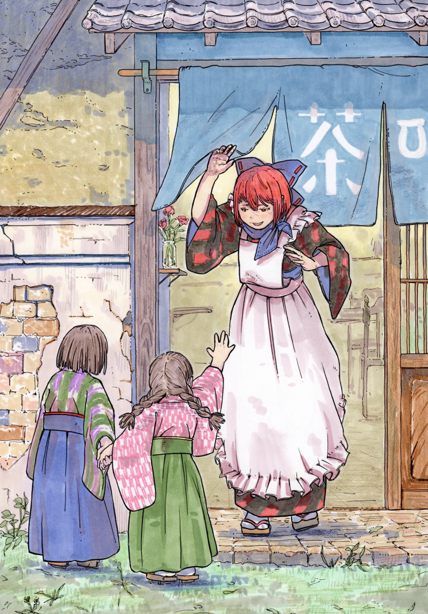3girls apron awning blue_bow bouquet bow braid brick_wall brown_hair building child commentary_request flower geta grass hair_bow half-timbered highres japanese_clothes misohagi multiple_girls neckerchief open_mouth red_eyes red_hair ribbon-trimmed_bow sekibanki shop short_hair tabi tile_roof tiles touhou twin_braids waving white_apron