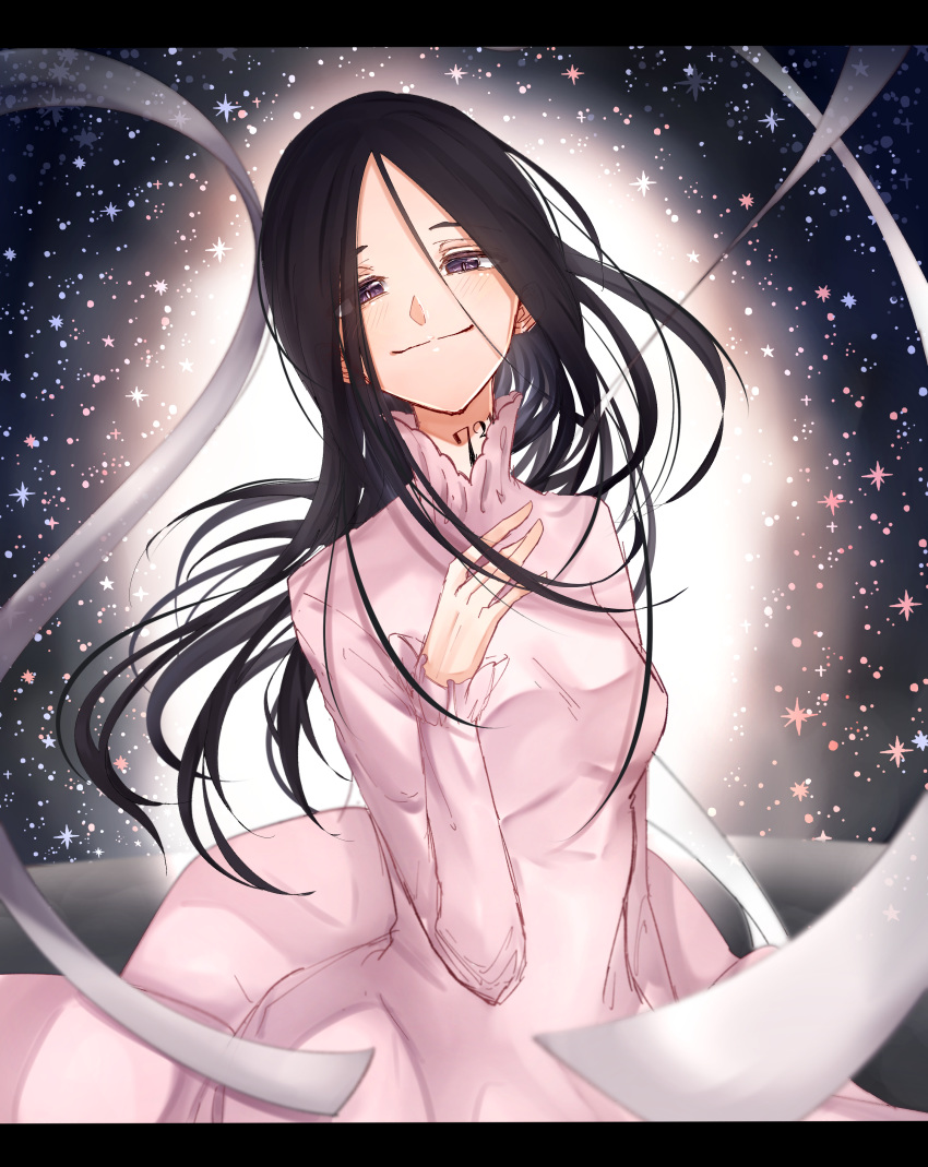 1girl absurdres black_hair commentary dress eyebrows_visible_through_hair eyes_visible_through_hair frilled_shirt_collar frilled_sleeves frills hair_down half-closed_eyes highres isabella_(yakusoku_no_neverland) long_hair looking_at_viewer megumi_(story_103) neck_tattoo number_tattoo purple_eyes smile solo spoilers star tattoo yakusoku_no_neverland