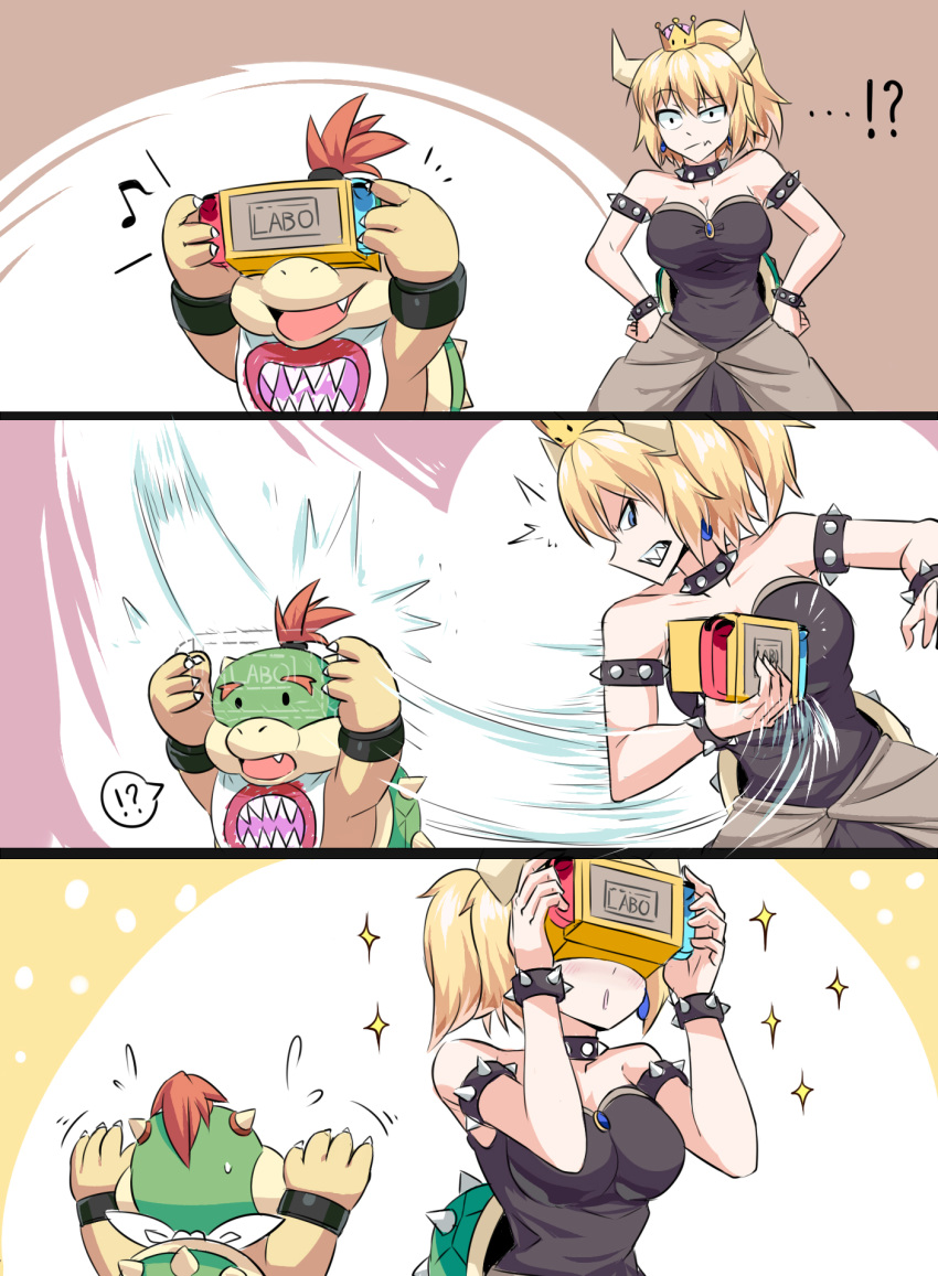 ! !? 1boy 1girl ? bangs bare_shoulders bib black_collar black_dress blonde_hair blue_earrings blue_eyes bowser_jr. bowsette bracelet breasts brooch cleavage collar commentary_request constricted_pupils dress earrings fang flying_sweatdrops hair_between_eyes hands_on_hips happy height_difference highres horns jewelry long_ponytail looking_at_another mario_(series) medium_breasts mother_and_son motion_lines musical_note new_super_mario_bros._u_deluxe nintendo nintendo_labo nintendo_switch raised_eyebrows red_hair sapphire_(gemstone) sharp_teeth shiny shiny_hair short_hair sidelocks snatch solid_circle_eyes sparkle spiked_armlet spiked_bracelet spiked_collar spiked_shell spiked_tail spikes spoken_exclamation_mark spoken_musical_note spoken_question_mark strapless strapless_dress super_crown suzusiigasuki tail teeth turtle_shell waist_cape