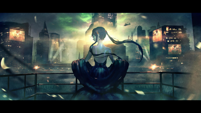 1girl aircraft back backless_dress backless_outfit bare_back bare_shoulders building city cityscape cloud cloudy_sky crane crowd dress from_behind green_hair hatsune_miku helicopter highres lamppost long_hair looking_at_viewer looking_back night outdoors ozaki_(sn_ozk) sky skyscraper smile smirk standing sunset twintails vocaloid