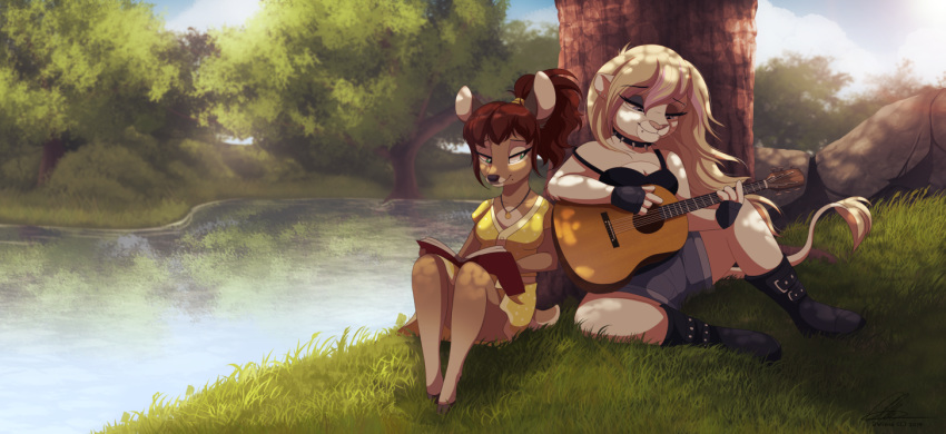 2019 5_fingers anthro blonde_hair book breasts brown_hair cervid clothed clothing day detailed_background digital_media_(artwork) duo dvixie felid female grass guitar hair holding_object lion mammal musical_instrument outside pantherine river sky smile water