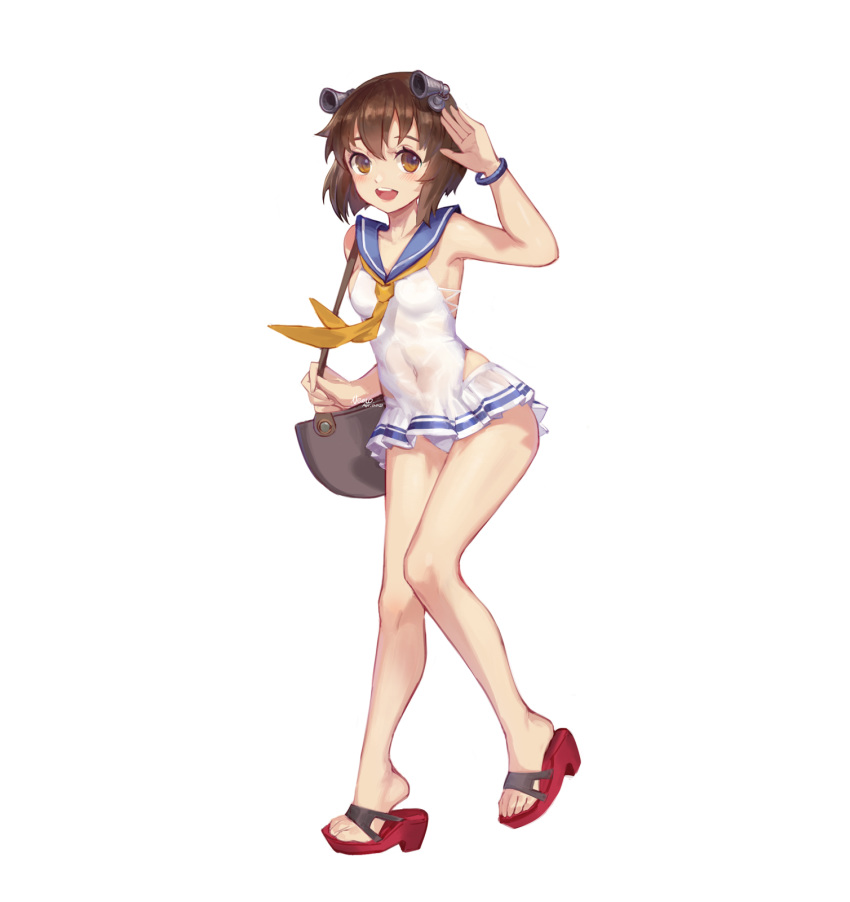 1girl bag bangs bare_shoulders blush brown_eyes brown_hair collarbone commentary_request covered_navel eyebrows_visible_through_hair frilled_swimsuit frills hair_between_eyes headgear headset highres kantai_collection looking_at_viewer navel neckerchief nemo_(leafnight) one-piece_swimsuit open_mouth sailor_collar sandals shoes short_hair shoulder_bag simple_background smile solo speaking_tube_headset swimsuit white_background yellow_neckwear yukikaze_(kantai_collection)