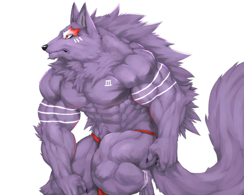 2019 abs anthro biceps canid canine canis captainjohkid digital_media_(artwork) fur hi_res male mammal muscular muscular_male pecs purple_fur red_eyes solo tattoo wolf