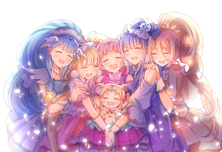 6+girls aisaki_emiru baby bangs blonde_hair blue_hair blue_headwear blunt_bangs blush bow capelet commentary_request cowboy_shot cure_amour cure_ange cure_etoile cure_macherie cure_yell dress earrings eyebrows_visible_through_hair eyes_closed garrison_cap gloves group_hug hair_between_eyes hair_bow hair_ornament hamster hand_on_another's_shoulder happy harryham_harry hat head_wings highres hug hug-tan_(precure) hugtto!_precure interlocked_fingers jewelry kagayaki_homare layered_skirt lazy_orange long_hair magical_girl multiple_girls nono_hana open_mouth pink_hair pink_skirt pleated_skirt ponytail precure puffy_short_sleeves puffy_sleeves purple_bow purple_dress purple_hair ruru_amour scarf short_sleeves shoulder_cutout sidelocks simple_background skirt smile star star_earrings star_hair_ornament tears twintails very_long_hair white_background white_gloves wrist_cuffs yakushiji_saaya