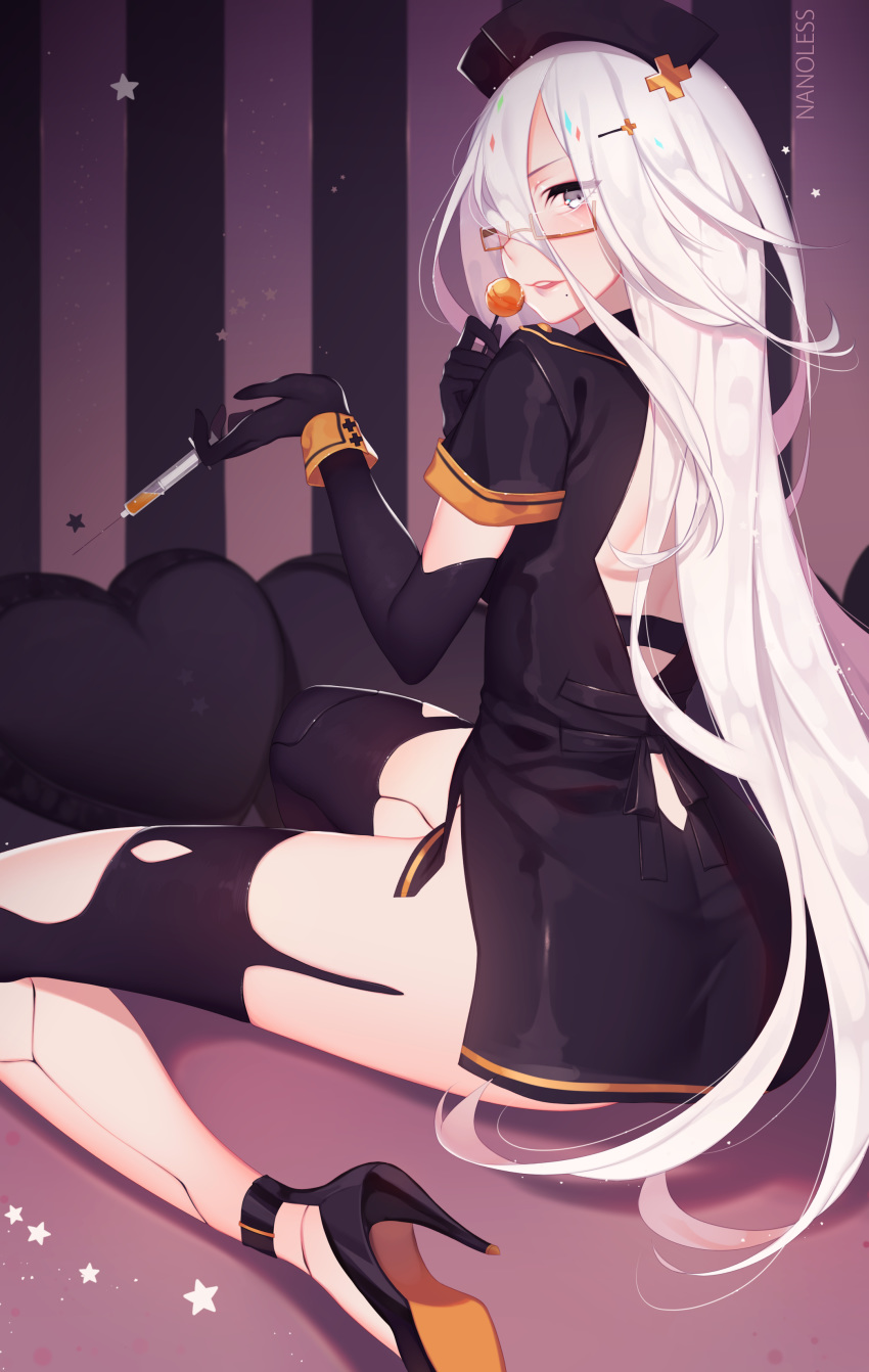 1girl absurdres ass bare_legs bespectacled black_dress candy dress elbow_gloves facing_back food glasses gloves grey_eyes hair_between_eyes hair_ornament hairclip hat heart heart_pillow high_heels highres lips lollipop long_hair looking_at_viewer mole mole_under_mouth nanoless needle nier_(series) nier_automata no_legwear nurse nurse_cap paid_reward patreon_reward patreon_username pillow solo stiletto_heels striped syringe thighs very_long_hair yorha_type_a_no._2