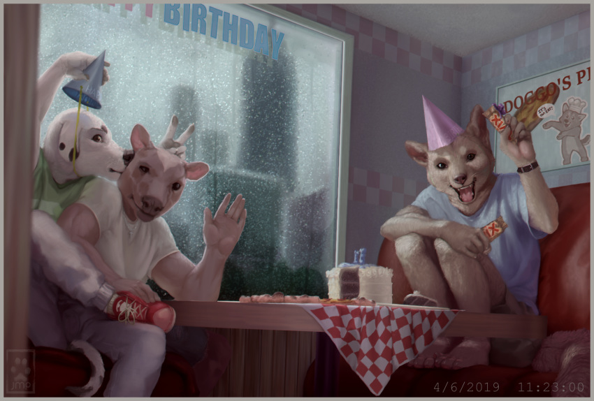 birthday bovid bovine cake candy canid canine canis cattle dalmatian domestic_dog food fuzzle_(artist) group hi_res male mammal mars_incorporated party pizza raining shiba_inu twix window