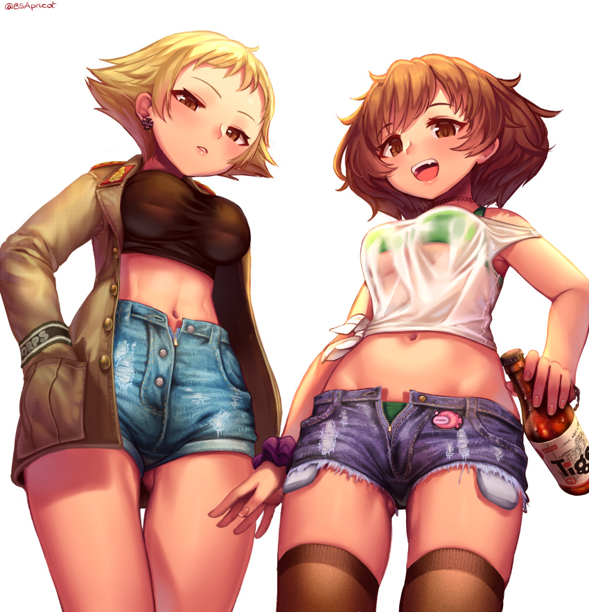 2girls absurdres akiyama_yukari anglerfish arm_at_side beer_bottle blonde_hair bottle bra breasts brown_coat brown_eyes brown_footwear brown_hair brown_shirt coat commentary cowboy_shot crop_top cutoffs danielle_brindle denim earrings english_commentary erwin_(girls_und_panzer) eyebrows_visible_through_hair from_below girls_und_panzer green_bra green_panties hand_in_pocket highres holding holding_bottle iron_cross jewelry looking_at_viewer medium_breasts midriff multiple_girls navel open_clothes open_coat open_mouth open_shorts panties parted_lips purple_scrunchie scrunchie see-through shirt short_hair short_shorts shorts simple_background sleeveless sleeveless_shirt strap_slip thighhighs twitter_username underboob underwear upper_teeth white_background wrist_scrunchie