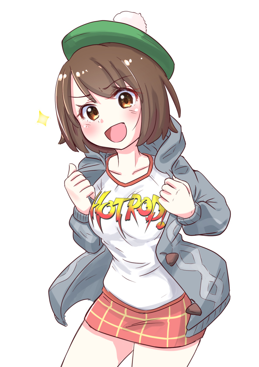 alternate_costume bobblehat brown_hair creatures_(company) female_protagonist_(pokemon_swsh) game_freak grey_hoodie highres jacket logo nintendo open_clothes open_jacket open_mouth pae_(ac40935_m41) parody plaid plaid_skirt pokemon pokemon_(game) pokemon_swsh pose rowdy_roddy_piper shirt short_hair skirt smile t-shirt white_shirt wrestling wwe