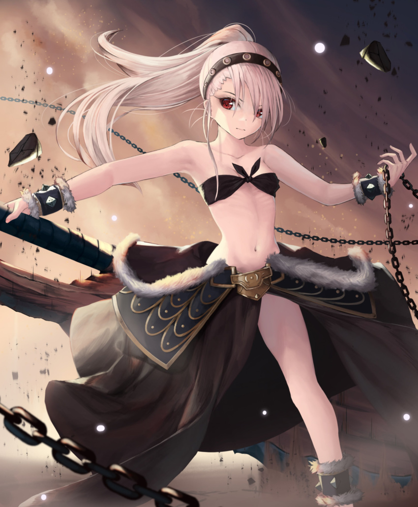 1girl absurdres bare_legs black_skirt bracelet breasts chains closed_mouth debris fate/kaleid_liner_prisma_illya fate_(series) faulds feathers front-tie_top fur_trim gradient gradient_background headband highres holding holding_weapon illyasviel_von_einzbern jewelry long_hair navel nekobell pink_hair prisma_illya red_eyes skirt small_breasts solo spiked_anklet spiked_bracelet spikes weapon