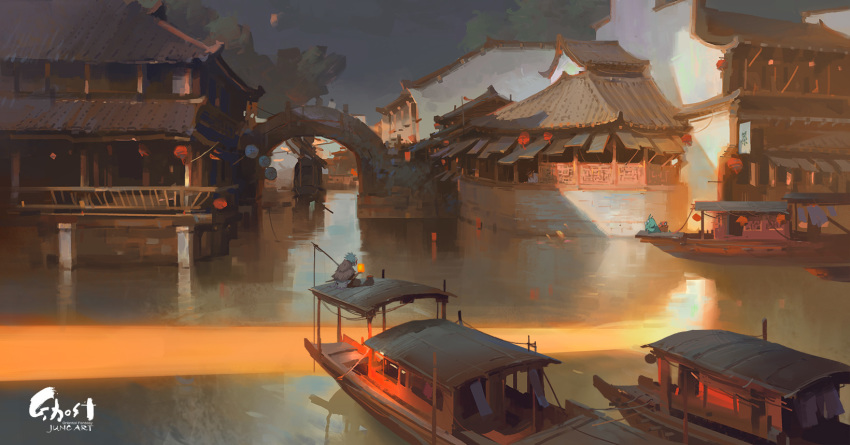 3others architecture artist_name boat bridge building city commentary day east_asian_architecture english_text grey_hair highres lantern multiple_others original outdoors paper_lantern reflective_water river scenery sitting sky spiked_hair tree watercraft wenjun_lin