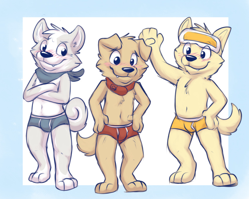 5:4 anthro bandanna blush briefs bulge canid canine canis chest_tuft clothing collar crossed_arms cute_fangs domestic_dog eyewear fur gaokun goggles group hi_res male mammal navel red_underwear simple_background standing tuft underwear white_fur yellow_fur yellow_underwear young