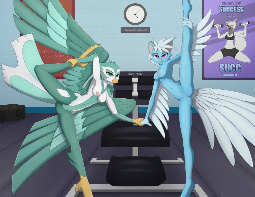 absurd_res anthro breasts clock dreamkeepers duo fae_winters feathers felid female gym hi_res looking_at_viewer mammal navel nipples non-mammal_breasts nude poster pussy remarkably_average shake_weight smile