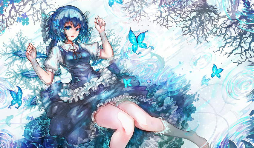 blue_eyes blue_hair butterfly cirno dress fairy kiyomasa_ren short_hair touhou water