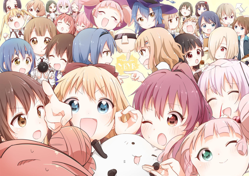 6+girls akaza_akane akaza_akari azuma_shihoko bafarin ball black_hair blonde_hair blood blue_eyes blue_hair bow brown_eyes brown_hair character_request closed_mouth collarbone double_bun everyone eyebrows_visible_through_hair eyes_closed facing_another flower funami_mari funami_yui furutani_himawari furutani_kaede ganbo glasses green_hair hair_bobbles hair_bow hair_ornament hair_over_one_eye hairband hairclip hat highres holding holding_ball ikeda_chitose ikeda_chizuru index_finger_raised kitamiya_hatsumi looking_at_another looking_at_viewer matsumoto_rise minamino_tsubasa mirakurun miwa_ai multiple_girls nishigaki_nana nosebleed ogawa_kokoro ok_sign one_eye_closed oomuro_hanako oomuro_nadeshiko oomuro_sakurako open_mouth pink_hair pointing ponytail purple_eyes purple_hair red_bow red_eyes red_flower red_rose rivalun rose short_hair short_twintails sonokawa_megumi souma_mirai sugiura_ayano takasaki_misaki_(yuru_yuri) thick_eyebrows toshinou_kyouko twintails volleyball white_hair witch_hat yaeno_miho yoshikawa_chinatsu yoshikawa_tomoko yuru_yuri