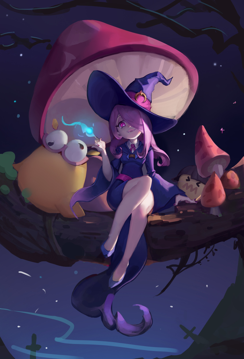 1girl absurdres alternate_eye_color blue_fire breasts collar commentary_request eyeshadow fire flame hair_over_one_eye half-closed_eyes hat highres index_finger_raised lavender_hair little_witch_academia long_hair looking_at_viewer luna_nova_school_uniform magic makeup moss mushroom nail_polish night night_sky no_socks open_mouth pointy_shoes purple_eyes purple_nails purple_neckwear school_uniform shoes sitting sitting_on_branch sky small_breasts smile star_(sky) strange_7 sucy_manbavaran thighs tree_branch white_collar wide_sleeves witch witch_hat