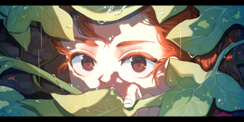 1girl arrietty brown_eyes close-up commentary dew_drop eyes face gtcockroach highres karigurashi_no_arrietty leaf looking_at_viewer minigirl red_hair solo water_drop