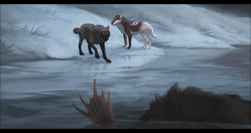 2019 ambiguous_gender black_nose brown_fur canid canine canis capreoline cervid detailed_background digital_media_(artwork) feral fur grey_fur group mammal mood moose oneminutesketch paws water wolf yellow_eyes