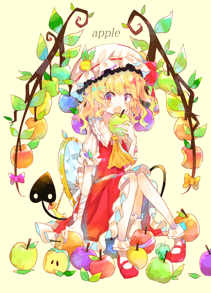 1girl :o absurdres apple apple_core apple_hair_ornament bandage bandaged_arm bandages bangs bitten_apple blonde_hair blunt_bangs bow commentary_request dress earrings english_text flandre_scarlet food food_themed_hair_ornament frilled_hat frilled_shirt_collar frills fruit full_body green_apple hair_ornament hat highres holding holding_food holding_fruit jewelry leaf looking_at_viewer mary_janes mirror neckerchief pink_bow puffy_short_sleeves puffy_sleeves rainbow_order red_apple red_dress red_eyes red_footwear shoes short_hair short_sleeves sitting skin_fang socks solo tail touhou umemaro_(siona0908) wavy_hair white_legwear wings yellow_background yellow_bow yellow_neckwear