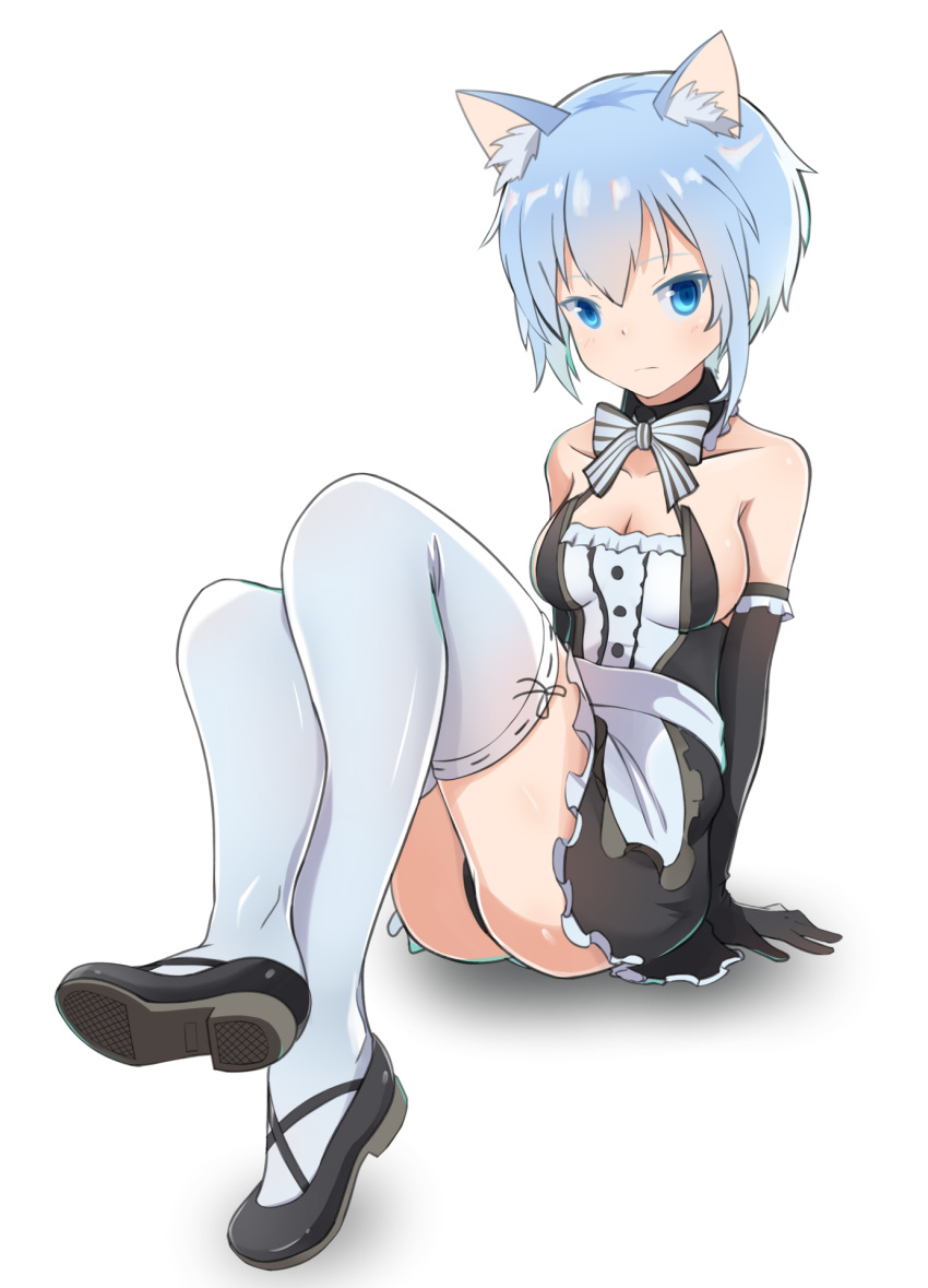 1girl alice_gear_aegis animal_ear_fluff animal_ears bare_shoulders blue_eyes blue_hair bow cat_ears commentary detached_collar elbow_gloves frills gloves highres looking_at_viewer maid mary_janes nina_kalinina nraib panties pantyshot shoes short_hair sitting solo thighhighs underwear white_background white_legwear