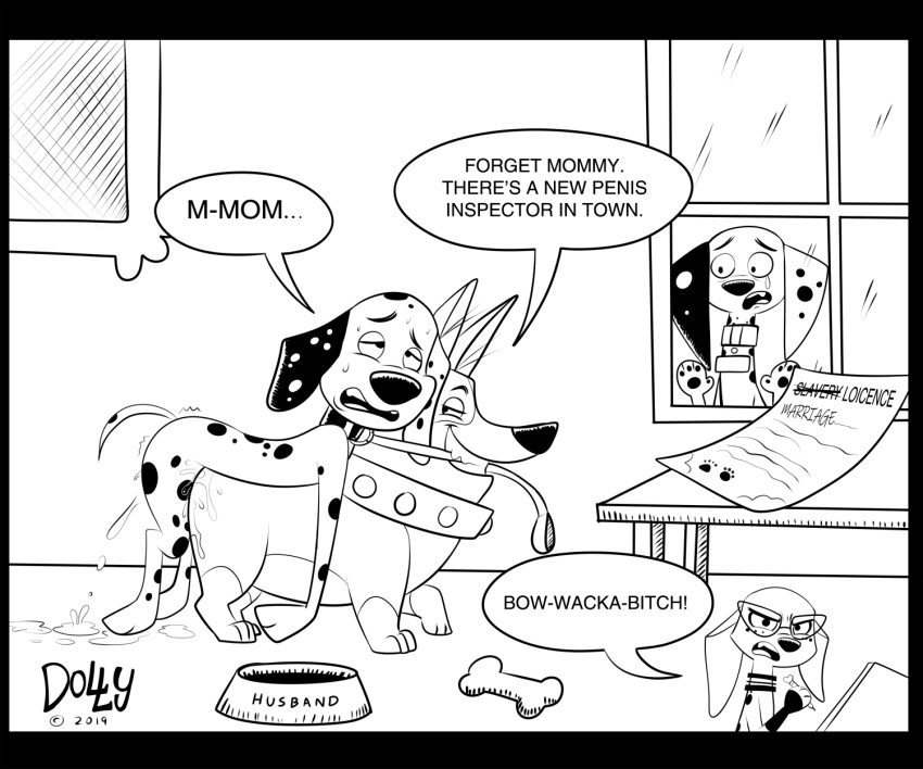 101_dalmatian_street 101_dalmatians 2019 black_and_white bone bowl canid canine canis clarissa_(101_dalmatians) corgi cum dalmatian delilah_(101_dalmatians) dialogue disney dolly_(101_dalmatians) domestic_dog dylan_(101_dalmatians) english_text eyewear female food_bowl glasses hi_res leash male male/female mammal monochrome mother parent sex son speech_bubble text