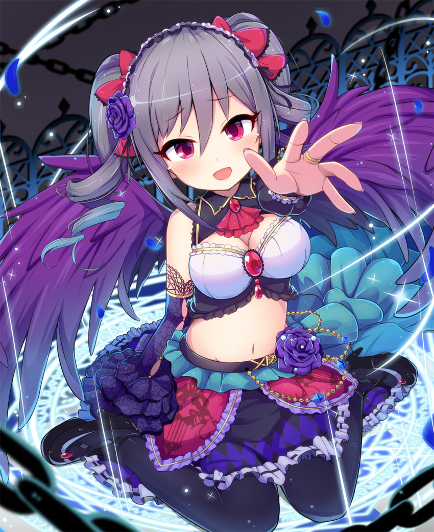 1girl bangs black_dress black_legwear bow breasts chains collar dark_background detached_sleeves dress drill_hair eyebrows_visible_through_hair flower frilled_dress frilled_sleeves frills gem gothic_lolita hair_ribbon headdress highres idolmaster idolmaster_cinderella_girls idolmaster_cinderella_girls_starlight_stage jewelry kanzaki_ranko lace lolita_fashion long_hair maid_headdress medium_breasts open_mouth pantyhose petals pink_eyes purple_flower purple_rose purple_wings qixi_cui_xing ribbon ring rose short_twintails silver_hair twin_drills twintails wings