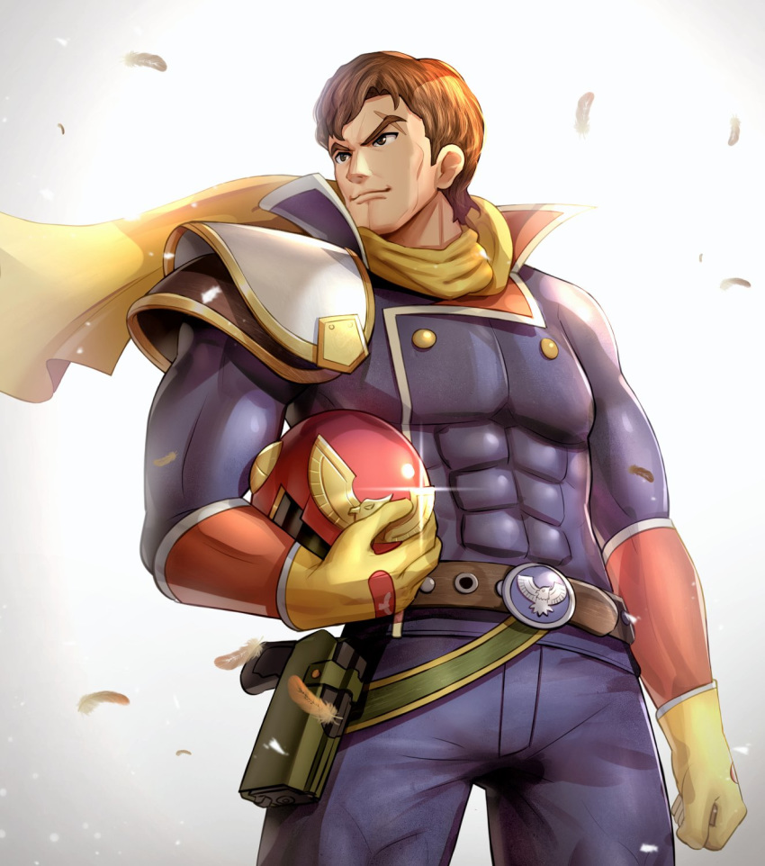 1boy armor blue_eyes bodysuit brown_hair captain_falcon f-zero gloves gonzarez gun helmet highres male_focus muscle nintendo scar scarf simple_background smile solo super_smash_bros. weapon white_background