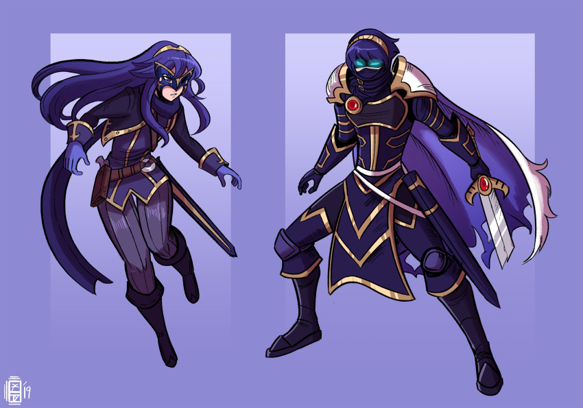 1girl armor blue_eyes blue_hair cape falchion_(fire_emblem) fingerless_gloves fire_emblem fire_emblem:_kakusei fire_emblem:_monshou_no_nazo gloves hair_between_eyes highres long_hair looking_at_viewer lucina marth mask nintendo persona persona_5 scruffyturtles simple_background smile sword tiara weapon