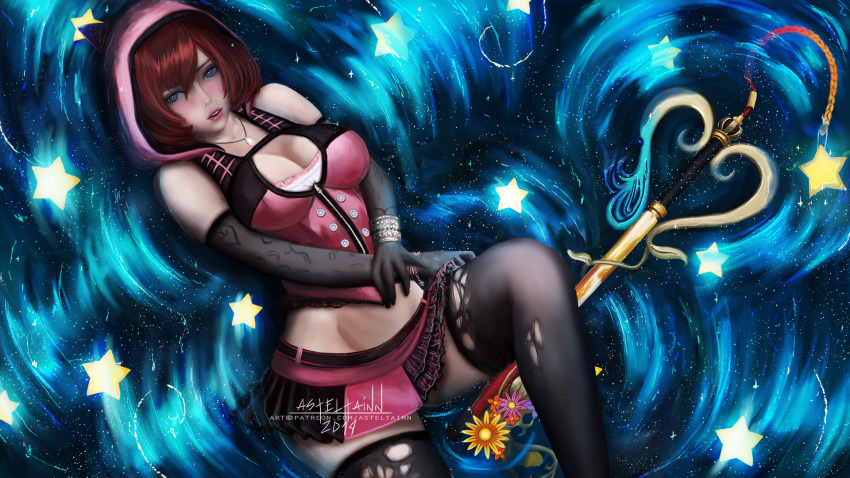 1girl afloat anastasia_(asteltainn) artist_name bare_shoulders black_gloves black_legwear blue_eyes breasts cleavage cleavage_cutout comic_lo commentary detached_sleeves elbow_gloves flower gloves hair_between_eyes highres hod hood hood_up jewelry kairi_(kingdom_hearts) keyblade kingdom_hearts kingdom_hearts_iii looking_at_viewer medium_breasts midriff miniskirt necklace older parted_lips partially_submerged red_hair short_hair signature skirt solo star thighhighs torn_clothes torn_legwear