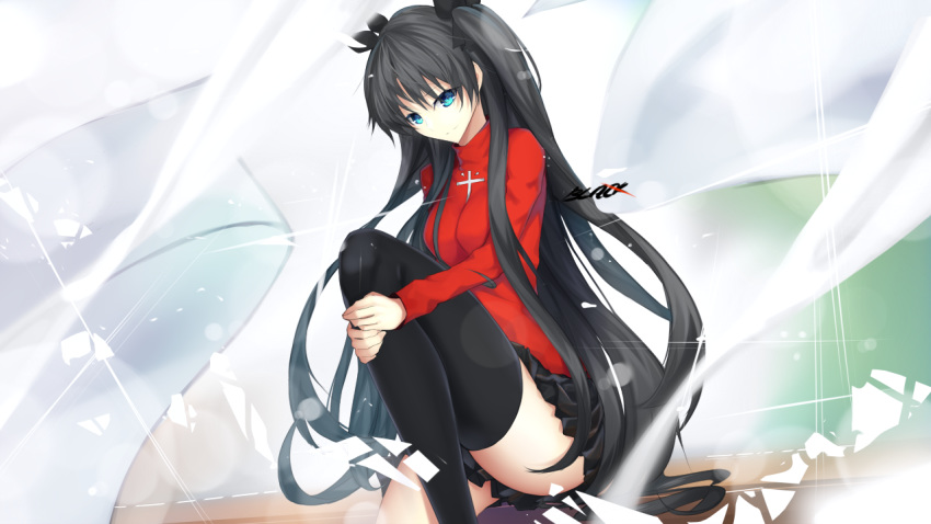 1girl black_(blackfallsensei) black_bow black_hair black_legwear black_skirt blue_eyes bow fate/stay_night fate_(series) floating_hair hair_bow long_hair long_sleeves looking_down miniskirt pleated_skirt red_sweater shiny shiny_clothes sitting skirt smile solo sweater thighhighs tohsaka_rin turtleneck turtleneck_sweater twintails very_long_hair zettai_ryouiki