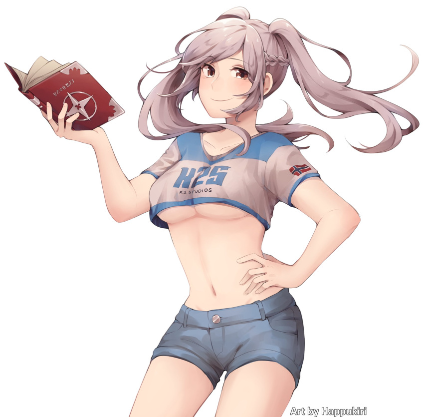 1girl artist_request book braid breasts brown_eyes clothes_writing collarbone cowboy_shot crop_top denim denim_shorts female_my_unit_(fire_emblem:_kakusei) fire_emblem fire_emblem:_kakusei flag_print french_braid gloves hand_on_hip hand_up highres long_hair looking_at_viewer mamkute medium_breasts midriff my_unit_(fire_emblem:_kakusei) navel nintendo robe short_shorts short_sleeves shorts silver_hair simple_background smile solo standing stomach twintails underboob white_background white_hair