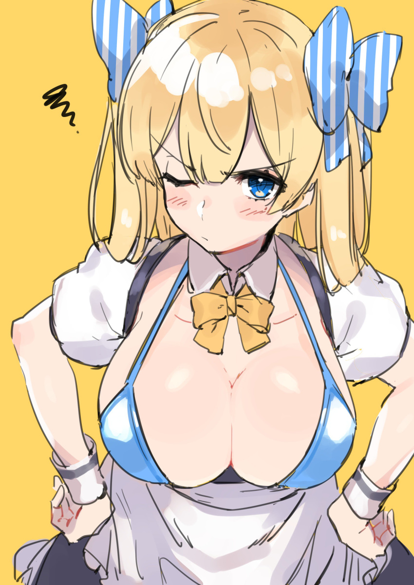 1girl 4410_(kanimiso) absurdres apron bangs bent_over black_dress blonde_hair blue_bikini_top blue_bow blue_eyes blush bow bowtie breasts character_request cleavage closed_mouth collarbone commentary_request copyright_request detached_collar dress frown hair_bow hands_on_hips highres large_breasts long_hair looking_at_viewer maid maid_apron one_eye_closed orange_neckwear short_sleeves sidelocks sketch solo striped striped_bow upper_body v-shaped_eyebrows waist_apron