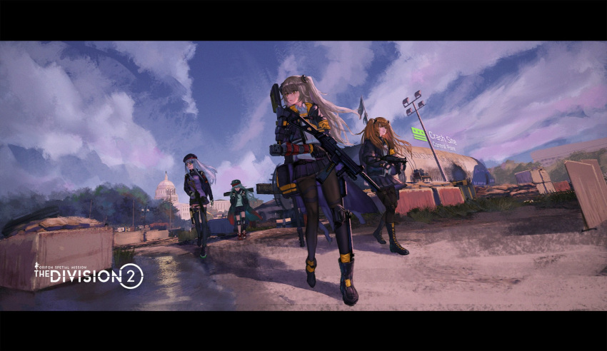 404_(girls_frontline) 4girls acog aircraft airplane artist_request assault_rifle beret boots cloud cloudy_sky commentary_request copyright_name crash_landing crossover g11_(girls_frontline) gameplay_mechanics girls_frontline gun h&amp;k_g11 h&amp;k_hk416 h&amp;k_ump hat health_bar highres hk416_(girls_frontline) hood hooded_jacket jacket lamppost mechanical_arm mod3_(girls_frontline) multiple_girls pantyhose rifle ruins sandbag sky submachine_gun suppressor thighhighs tom_clancy's_the_division_2 ump45_(girls_frontline) ump9_(girls_frontline) washington_d.c. weapon