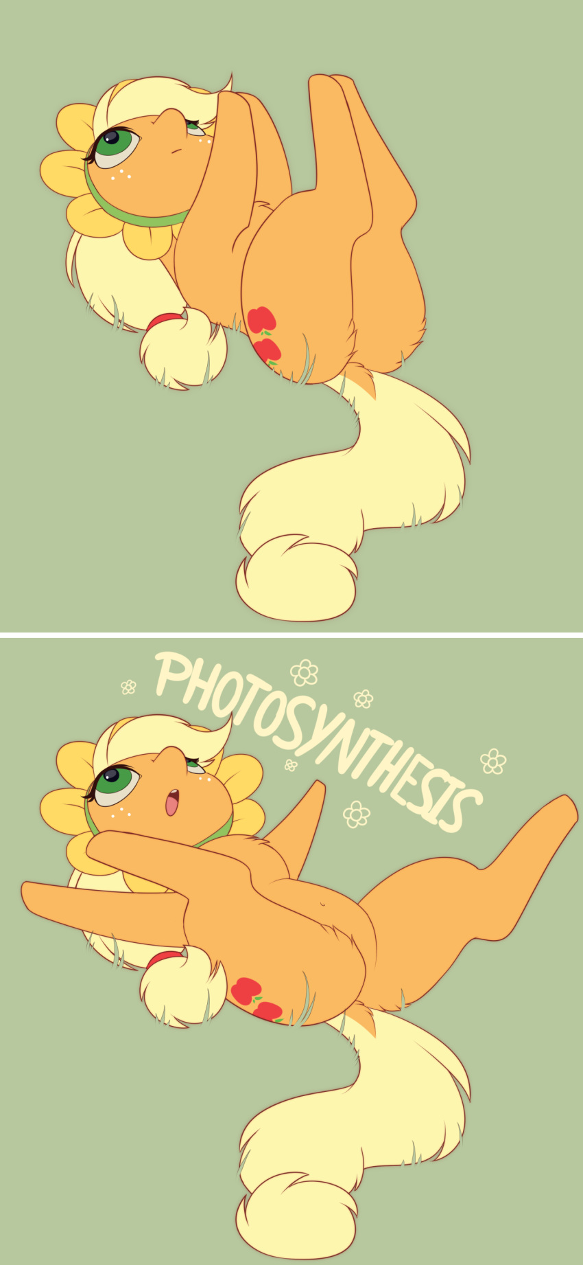 2019 absurd_res applejack_(mlp) blonde_hair comic cutie_mark digital_media_(artwork) earth_pony english_text equid equine evehly female feral freckles friendship_is_magic green_eyes hair hi_res horse lying mammal my_little_pony on_back photosynthesis pony simple_background solo spread_legs spreading text