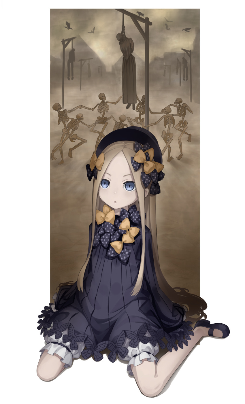 1girl abigail_williams_(fate/grand_order) absurdres bangs black_bow black_footwear black_headwear blonde_hair blue_eyes bow commentary_request dancing death dress fate/grand_order fate_(series) hair_bow hanging hat highres kairopoda long_hair long_sleeves orange_bow parted_bangs polka_dot polka_dot_bow shoes sitting skeleton sleeves_past_fingers sleeves_past_wrists solo_focus very_long_hair