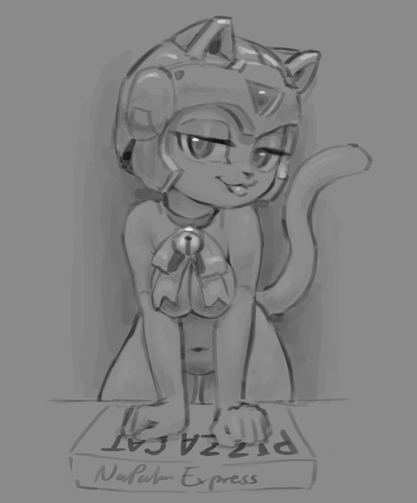 anthro armor bell_collar biped bow_tie collar digital_media_(artwork) domestic_cat felid feline felis female food grey_background half-closed_eyes helmet hi_res long_tail looking_at_viewer mammal monochrome napalm_express navel nude pizza polly_esther pose samurai_pizza_cats simple_background solo
