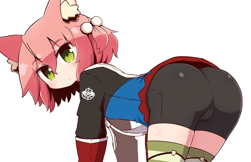 1girl 7th_dragon 7th_dragon_(series) animal_ear_fluff animal_ears ass bangs belt bent_over bike_shorts black_shorts blue_jacket blush cameltoe cat_ears closed_mouth commentary_request eyebrows_visible_through_hair gloves green_eyes hair_between_eyes hair_bobbles hair_ornament harukara_(7th_dragon) highres jacket long_sleeves looking_at_viewer looking_to_the_side naga_u one_side_up pink_hair red_gloves short_shorts shorts simple_background solo striped striped_legwear thighhighs white_background white_belt