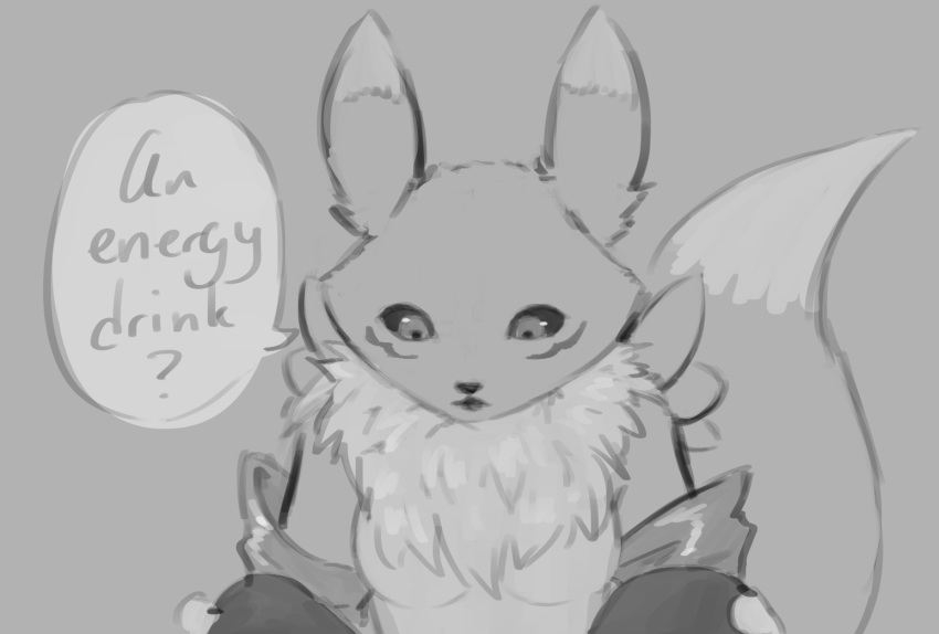 ? anthro biped breasts canid dialogue digimon digimon_(species) dipstick_ears dipstick_tail english_text featureless_breasts female fluffy fluffy_tail grey_background long_tail mammal monochrome multicolored_tail napalm_express neck_tuft renamon simple_background speech_bubble text tuft