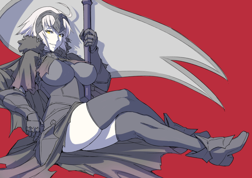 1girl armor armored_dress black_dress black_gloves black_legwear dress erect_nipples eyebrows_visible_through_hair fate/grand_order fate_(series) flag gloves holding holding_flag impossible_clothes jeanne_d'arc_(alter)_(fate) jeanne_d'arc_(fate)_(all) legs_crossed mikoyan smile thighhighs zettai_ryouiki