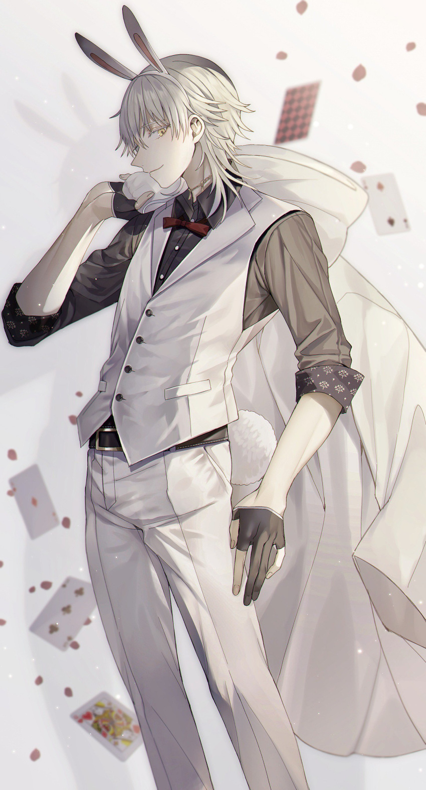 1boy abandon_ranka absurdres animal_ears black_gloves bow bowtie bunny_boy bunny_ears bunny_tail card collared_shirt fake_animal_ears fake_tail gloves highres male_focus partly_fingerless_gloves petals playing_card shirt smile tail touken_ranbu tsurumaru_kuninaga waistcoat white_hair yellow_eyes