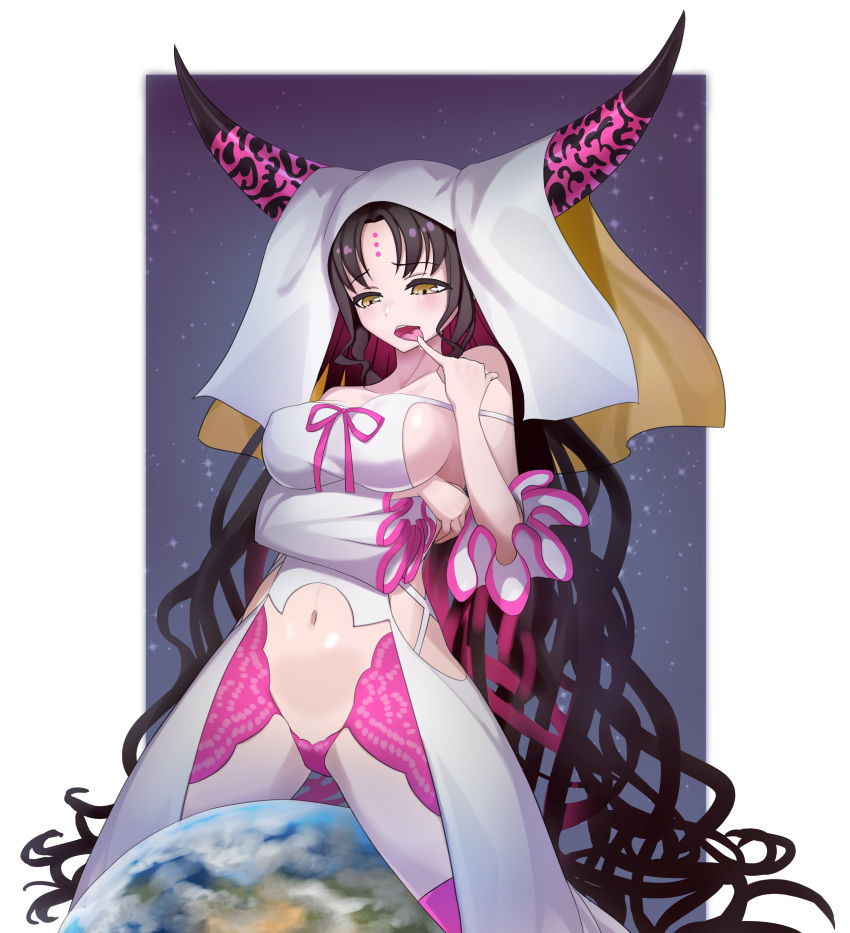 1girl absurdly_long_hair absurdres bangs bare_shoulders black_hair blush breasts collarbone commentary_request earth eyebrows_visible_through_hair facial_mark fate/extra fate/extra_ccc fate/grand_order fate_(series) forehead_mark highres horns kairopoda large_breasts long_hair long_horns long_sleeves looking_down mismatched_sleeves navel open_mouth panties parted_bangs pink_legwear pink_panties sesshouin_kiara solo thighhighs tongue tongue_out underwear veil very_long_hair wavy_hair yellow_eyes