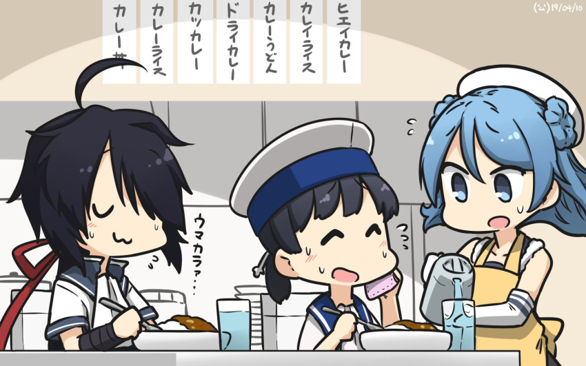 3girls apron beret black_hair blue_eyes blue_hair blue_sailor_collar closed_mouth double_bun dress elbow_gloves eyes_closed food glasses gloves hair_over_one_eye hamu_koutarou hat hiburi_(kantai_collection) highres kako_(kantai_collection) kantai_collection kitchen long_hair low_ponytail messy_hair multiple_girls open_mouth ponytail remodel_(kantai_collection) sailor_collar sailor_dress sailor_hat school_uniform serafuku short_hair short_sleeves sitting sleeves_rolled_up smile sweatdrop urakaze_(kantai_collection) water white_dress white_gloves white_headwear