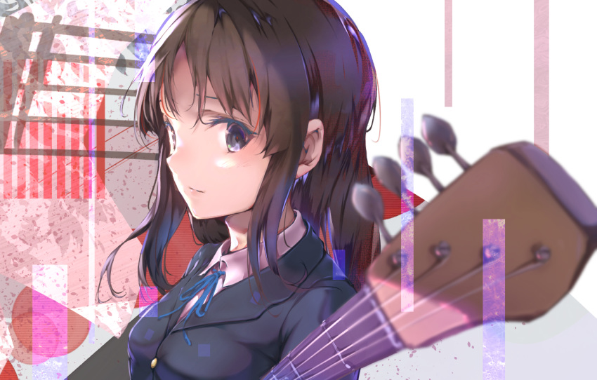 1girl akiyama_mio aotsuki_kaoru bangs bass_guitar black_eyes brown_hair digital_dissolve from_side instrument k-on! light_smile long_hair looking_at_viewer school_uniform solo upper_body