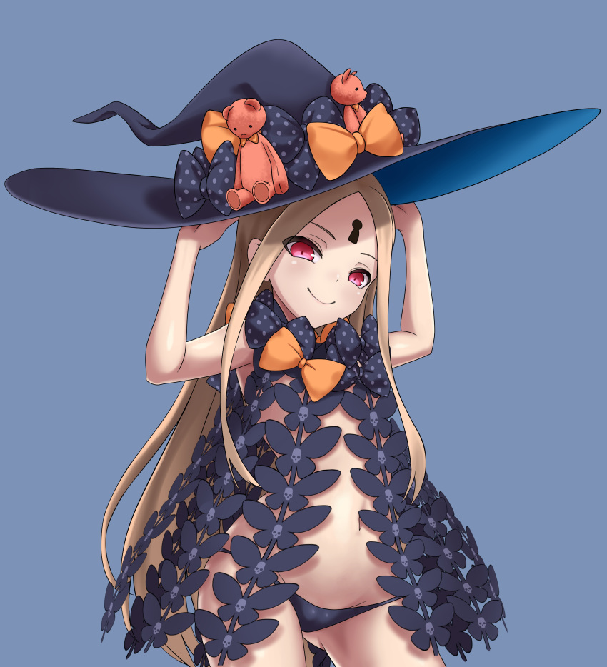 1girl abigail_williams_(fate/grand_order) absurdres bare_arms black_headwear black_panties blonde_hair blue_background bow breasts butterfly_wings commentary_request fate/grand_order fate_(series) hand_on_headwear hat hat_bow highres kairopoda keyhole long_hair looking_at_viewer navel orange_bow panties polka_dot polka_dot_bow red_eyes revealing_clothes simple_background small_breasts smile solo stuffed_animal stuffed_toy teddy_bear underwear very_long_hair wings witch_hat
