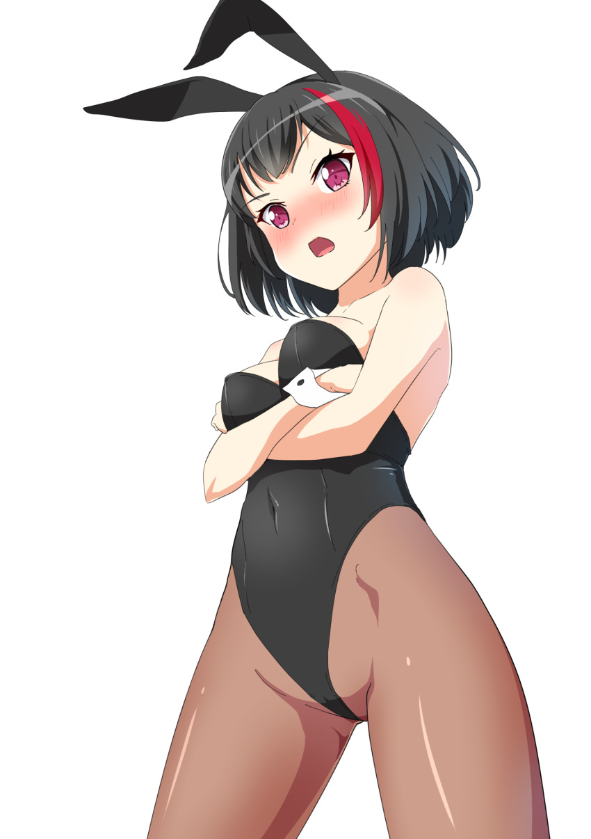 1girl animal_ears bang_dream! black_hair black_leotard blush bob_cut breasts brown_legwear bunny_ears bunny_tail bunnysuit cowboy_shot crossed_arms from_below highres leotard looking_at_viewer mitake_ran multicolored_hair open_mouth pantyhose red_eyes red_hair sakamata short_hair simple_background small_breasts solo strapless strapless_leotard streaked_hair tail white_background wrist_cuffs