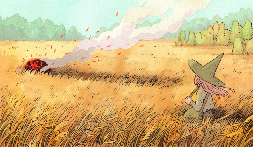 1girl bag blue_sky day embers grass grey_sweater hat heikala inktober long_hair long_sleeves meteor original outdoors pink_hair shoulder_bag sky smoke solo sweater tall_grass tree witch_hat